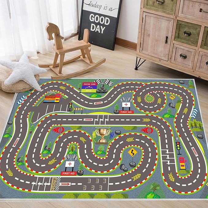 Kids Rug, Race Track Playmat Rugs 94×63 in Kids Carpet with Rubber Backing, Start and Finish line Racing Track Marking Car Road Race 3D Play Mat Nursery Rugs for Children Bedroom Playroom