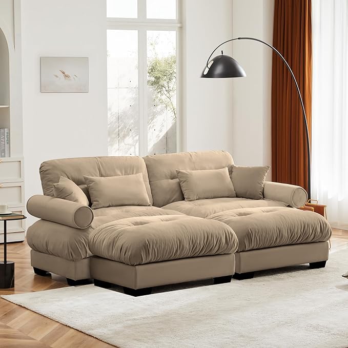 Ball & Cast 93.7" Loveseat Modular Sectional Sofa,Modern Oversized 2 Seater L-Shaped Couch with Round Bolster Armrest,Waist Pillow and Throw Pillows,for Living Room,Home Theater,Apartment,Velvet,Camel