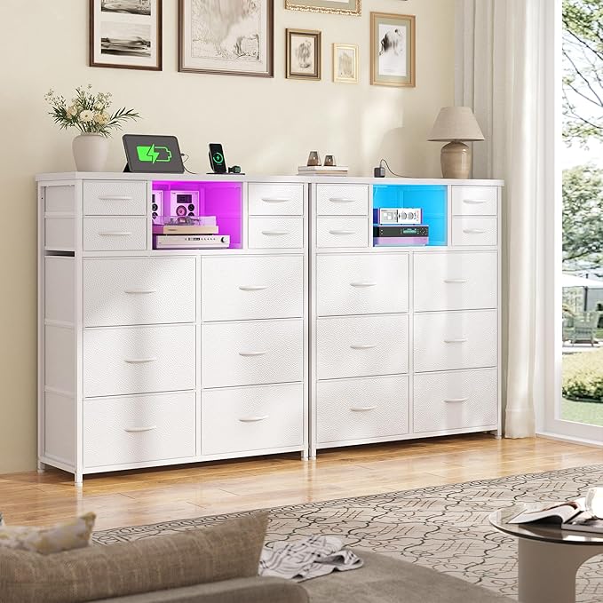 White Dresser for Bedroom with 10 Drawers and Charging Station & LED Light, Sturdy Tall Chest of Drawers with 2 Open Storage Shelves Storage Tower for Closet, Hallway