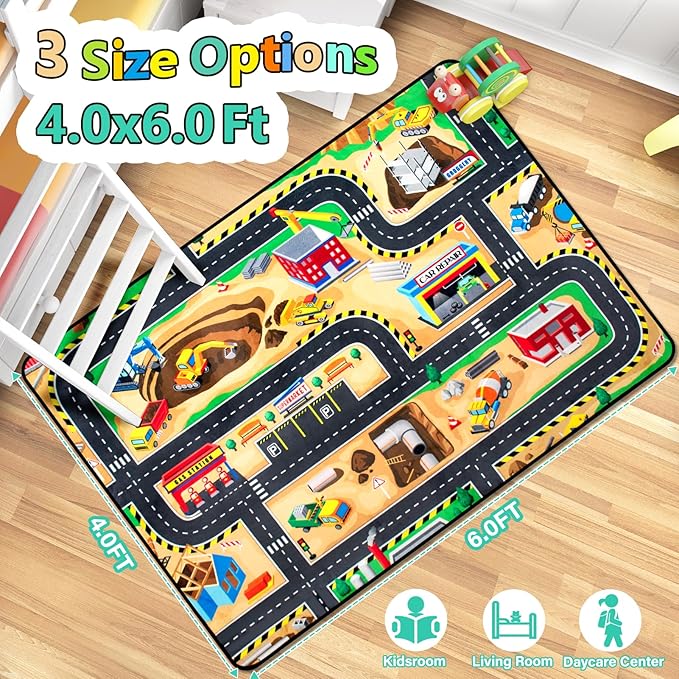 Kids 4x6 Ft Construction Site Play Rug, Baby Play Mat, Tufted Wool & Rubber, Non-Slip, Stain & Fade Resistant, Machine Washable, Rustic Cartoon Construction Site Pattern