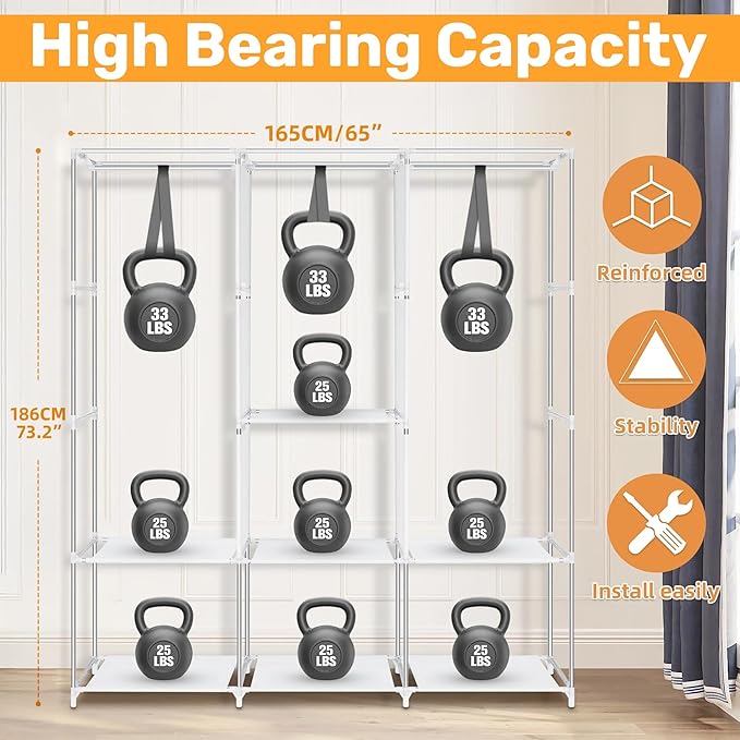 DivaDee Portable Wardrobe Closet with Cover – Freestanding Clothes Organizer with 8 Storage Shelves & Dual Hanging Rods – Spacious Closet for Bedroom, Dorm