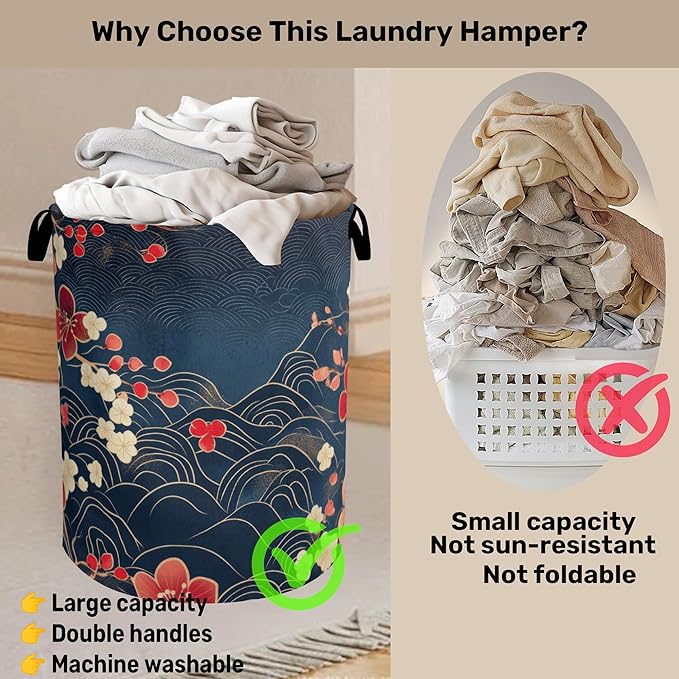 Japanese Wave Cherry Blossom Large Clothes Hamper Bag - Laundry Basket with Handles, Space Saving Foldable Design for Nursery