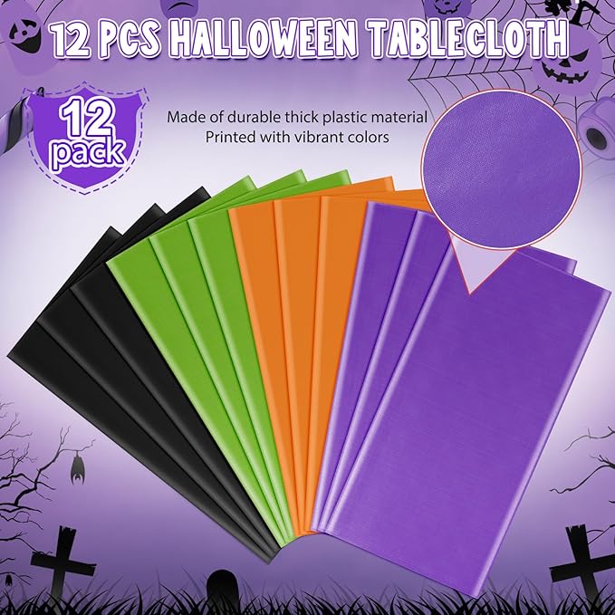MASHAN 12Pcs Halloween Tablecloth Plastic Orange Black Purple Green Table Cloths Disposable Rectangle Table Covers for Halloween Theme Kids Birthday Witch Vampire Party Decorations, 54 x 108 Inch