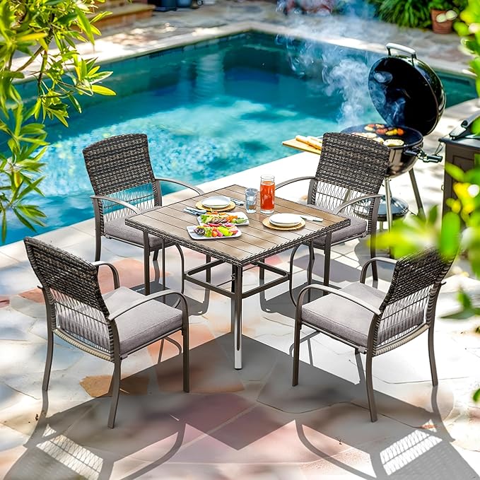 Pamapic 5-Piece Outdoor Furniture Set, Rattan Patio Dining Set with Weather-Resistant Iron Slats Table, 4 Stackable Chairs & Removable Cushions for Backyard, Deck, Garden (Grey)