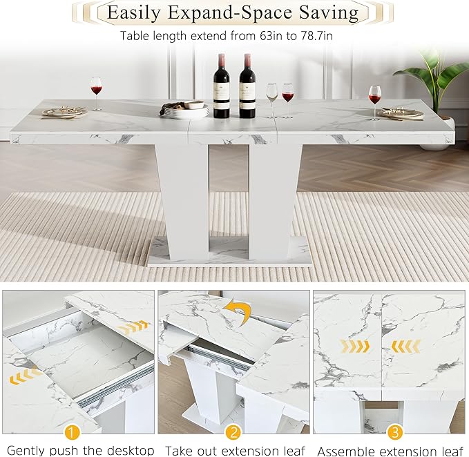 Goujxcy 9-Piece Extendable Dining Table Set for 6-8 People 63-78 Inch Kitchen Table Set with 8 Grey Upholstered Chairs Modern White Faux Marble Rectangular Dining Room Table Set for Kitchen Apartment