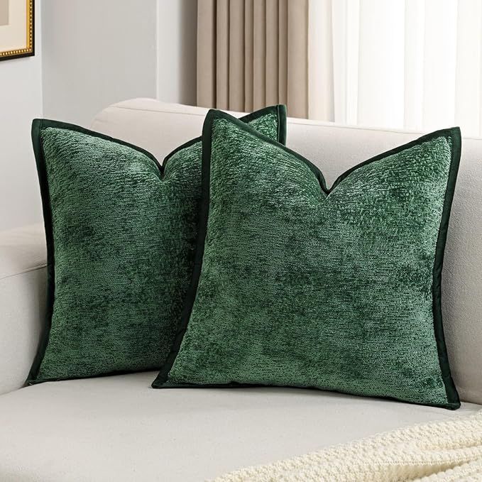 FUTEI Dark Green Chenille Throw Pillow Covers 26x26 Inch Set of 2,Soft Cozy Bound Edge Design Euro Pillow Sham,Home Decor for Couch Bed Living Room