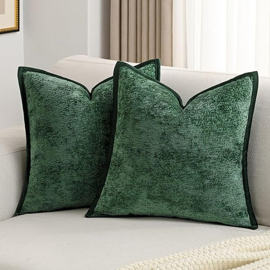 FUTEI Dark Green Chenille Throw Pillow Covers 26x26 Inch Set of 2,Soft Cozy Bound Edge Design Euro Pillow Sham,Home Decor for Couch Bed Living Room