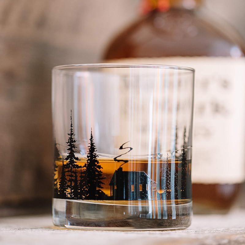 Cabin in the Forest Whiskey Glass Set by Black Lantern – Set of 2 11oz Old Fashioned Cocktail Glasses with Gift Box