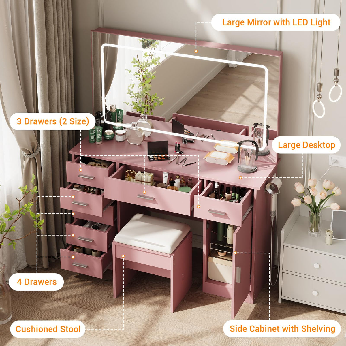 Garvee Modern Vanity Desk with Mirror & LED Lights – 7 Drawers, Pink