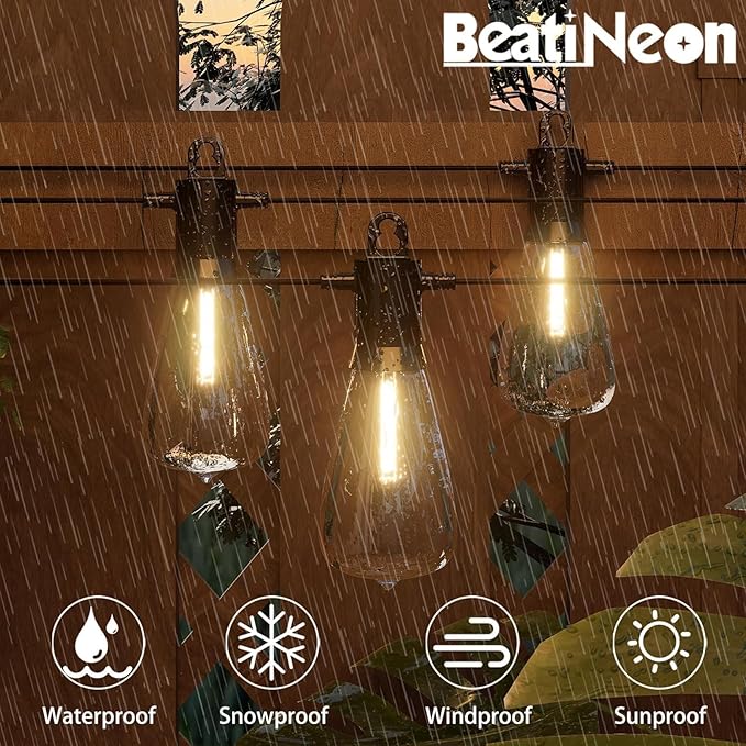 Outdoor String Lights 48 ft, LED Patio Lights with 16（15+1 Spare S14 Shatterproof Bulbs, IP 65 Waterproof, Outside Hanging Light for Cafe Bistro Backyard