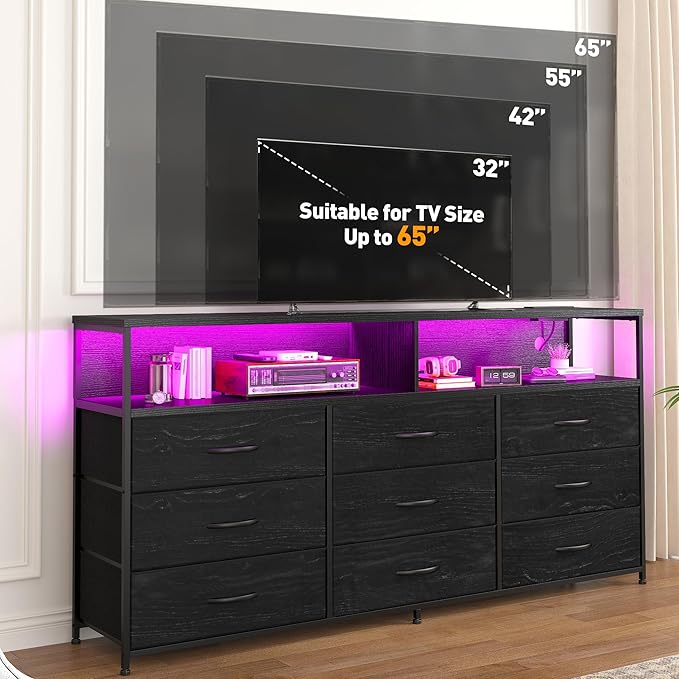 55” W Black Dresser for Bedroom with Charging Station & LED, 65" TV Stand for Bedroom with 9 Fabric Drawers, Sturdy Chest of Drawers with Open Storage Shelves for Closet, 55.12" Wx11.81 Dx35.43 H