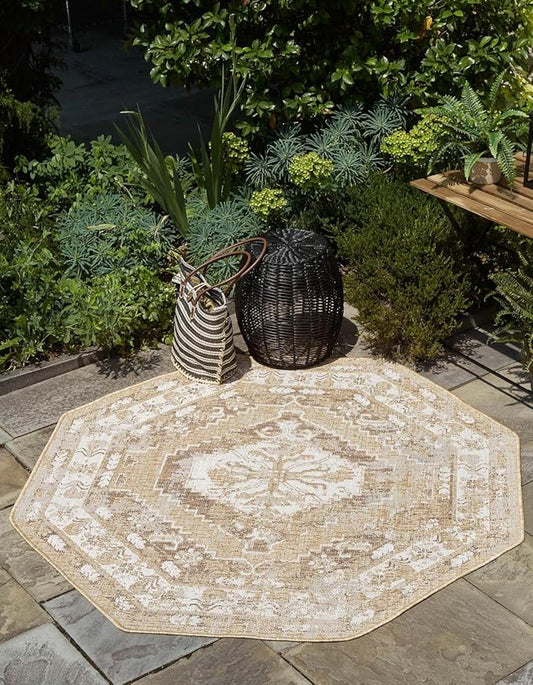 Unique Loom Outdoor Traditional Collection Area Rug - Valeria (5' 3" Octagon, Natural/ Ivory)