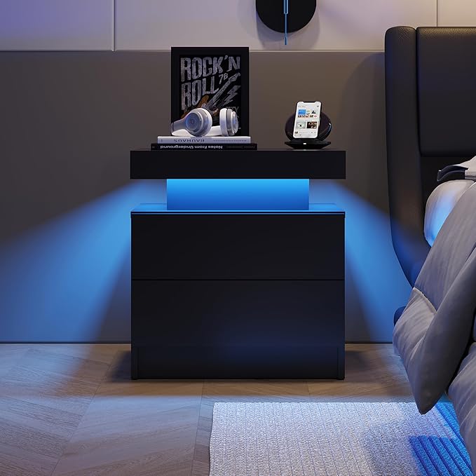 LED Nightstand with 2 Drawers Modern Night Stand with LED Lights Night Stands for Living Room,Bedroom
