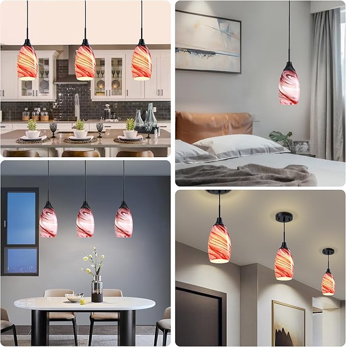 Mini Glass Pendant Light 4.72" with Handblown Burgundy Marble Art Glass Hanging Light 3-Pack Oval Ceiling Hanging Light Fixture for Dining Room Kitchen Island Cafe Foyer Hallway