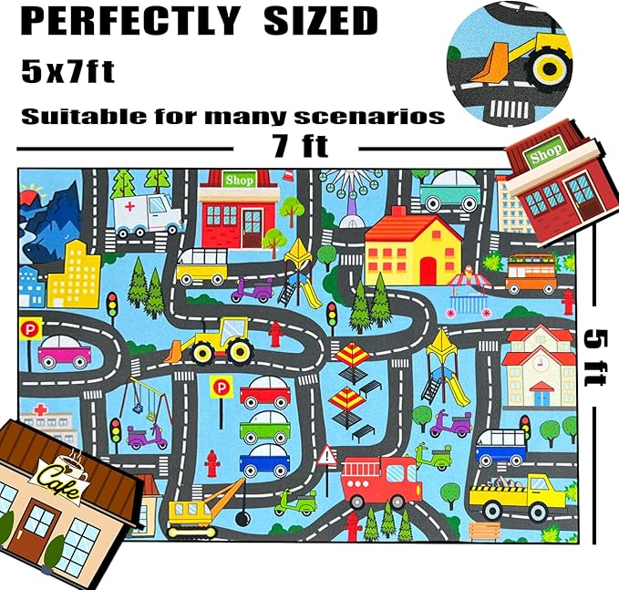 Car Mat for Kids Toy Cars - Car Track Rug Car Carpet for Kids Play Mat City Life Road Rug for Playroom Living Room Bedroom Classroom, 4'5''×6'