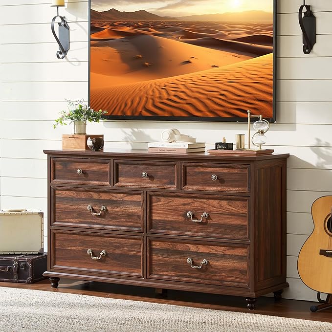 Farmhouse 7 Drawers Dresser for Bedroom, Brown 54 Inch Wide Chest of Drawers w/ 4 Wooden Legs, Large Vintage Rustic Closet Dressers for Living Room, Wood TV Stand with Storage Organizer