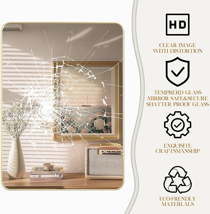 Fun Memories Wall Mirror for Bathroom,32x36 Inch Glod Bathroom Mirror, Rectangular Wall Mounted Decorativ, Rounded Corner, Aluminum Alloy Frame, Farmhouse, Hangs Horizontal or Vertical