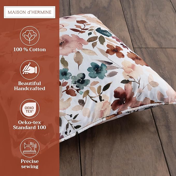 Maison d' Hermine Decorative Pillow Covers 18 x 18 Inch Square 100% Cotton Throw Pillow Covers with Invisible Zipper Cushion Case for Living Room Couch, Chair, Sofas, Bedroom, Home (Blossom - Florie)