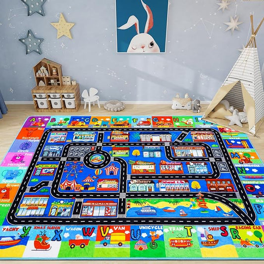Kids Rugs for Toy Cars Playroom 59"×39.4" ABC Transportation Animals Play Mat Educational Mat Alphabet Area Rug Public Buildings Kids Playtime Collection Toddler Learning Carpet