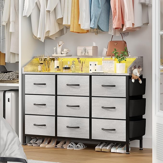 Lulive Dresser TV Stand for Bedroom with 9 Drawers - Chest of Drawers with LED Light & Charging Station - Living Room Hallway Closet Nursery (Grey)
