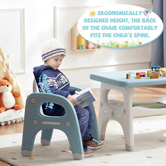 Kids Table and Chair Set, Plastic Children Activity Table with 2 Chairs, Toddler Table and Chair Set for Reading, Drawing, Snack Time, Arts Crafts, Preschool, Gift for Boys Girls