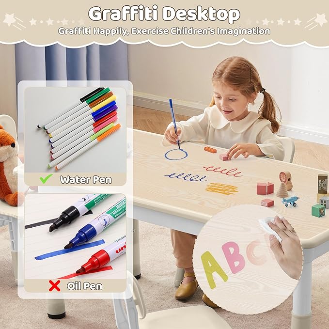 Toddler Table, 7 Level Height Adjustable Kids Play Furniture for Ages 3-8, Rectangular Plastic, 23.6" W x23.6 L, Multi-Activity Desk with Graffiti Desktop for Home & Daycare