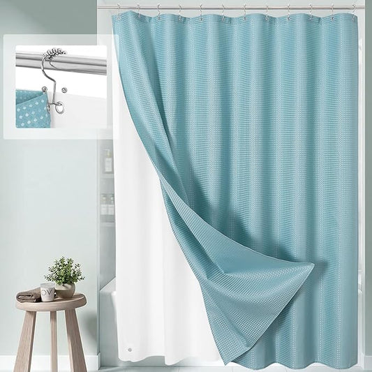 3 in 1 Extra Long Shower Curtain Set-72 W x 84 H, Teal Blue Waffle and PEVA Liner Set with 12 Stainless Steel Hooks, Waterproof Fabric for Bathroom