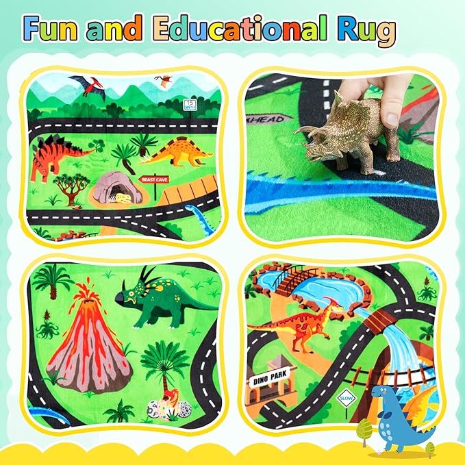 Kids Rug, Car Carpet for Kids' Toy Cars, 5x7 Ft Dinosaur Rug, Dino Safari Road Mat for Playroom, Educational Learning & Game Area Baby Play Mat Carpet for Children