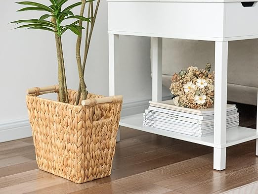 StorageWorks Wicker Waste Baskets, Water Hyacinth Waste Paper Baskets with Wooden Handles, Handwoven Trash Cans for Bathroom, Bedroom, Office, 2 Pack,12 Liter