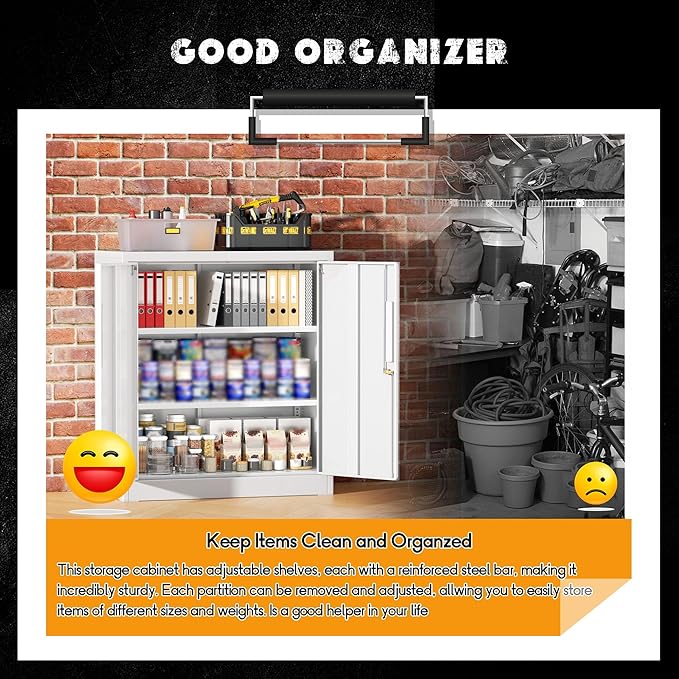 Greenvelly Metal Garage Storage Cabinet, White 36" Locking File Cabinet with 2 Doors and Adjustable Shelves for Home Office,School