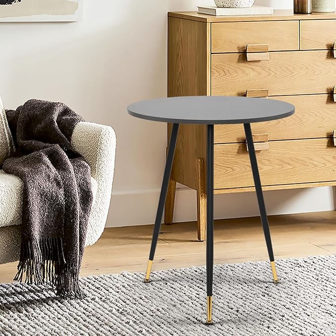 NOBPEINT Round Modern Wooden Side Table, 28 Inches End Table with 3 Metal Legs (Grey)