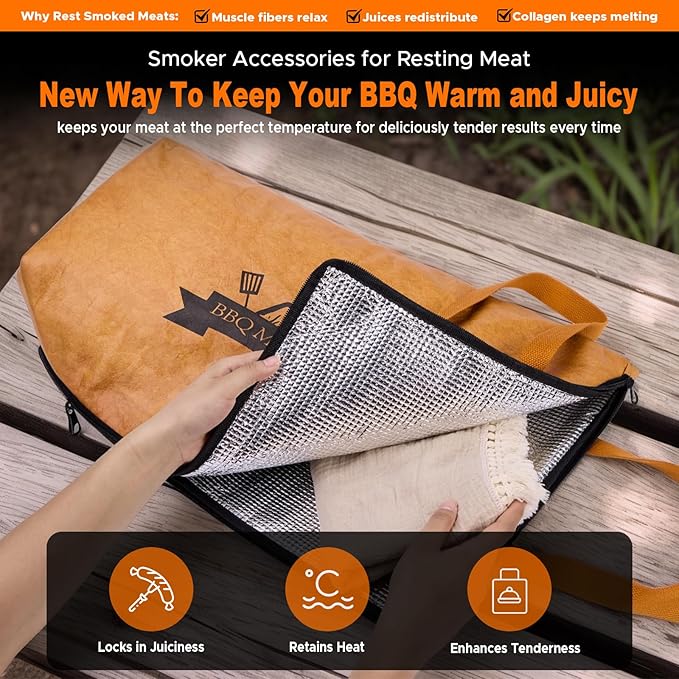Reusable BBQ Blanket for Resting Meat - Insulated Smoker Grilling Bag with Wide Mouth for Large Brisket Pork Shoulders, and Turkeys Perfect BBQ Accessory & Gift for Men (21in)