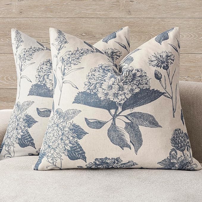 Foindtower Set of 2 Linen Floral Vintage Throw Pillow Covers Neutral Accent Print Decorative Cushion Covers Farmhouse Boho Home Decor for Sofa Chair Couch Bedroom Living Room Outdoor,18×18 Inch,Blue