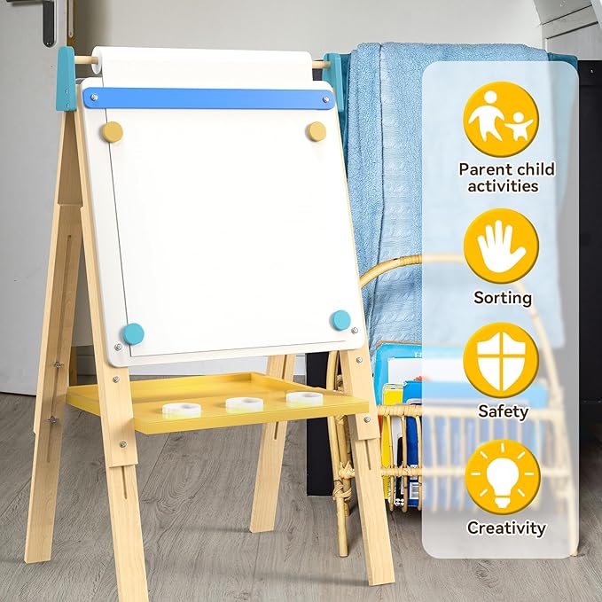Art Easel for Kids 12 in 1 with Chalkboard & Magnetic Whiteboard - Height Adjustable, Frameless Design, Includes Paints, Brushes, Markers, Chalk, Eraser, Magnetic Letters, Paper Roll, and Storage Tray