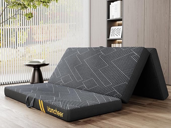 Vamcheer Tri Folding Mattress, 4 inch Full Foldable Mattress, Tri-fold Memory Foam Mat with a Collapsible and Washable Cover, Handle & Non-Slip Bottom, for Travel/Guest, 73"x52"x4", Grey