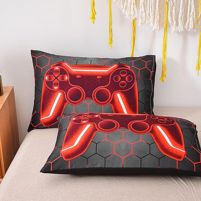 NTBED Game Console Comforter Set for Boys Girls Kids 3D Gaming Geometric Lightweight Microfiber Bedding Sets (Red, Queen 5Pcs)