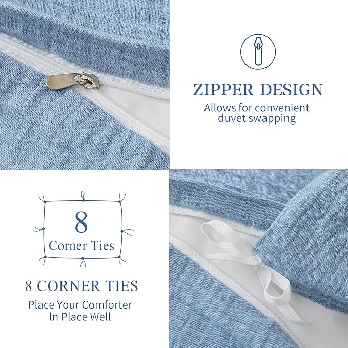 MEISHANG Muslin Duvet Cover Queen Size - 100% Organic Cotton, Soft Textured Gauze Weave Comforter Cover for Breathable All-Season with Zipper Closure - 3 Piece Set (Queen, Smoky Blue)