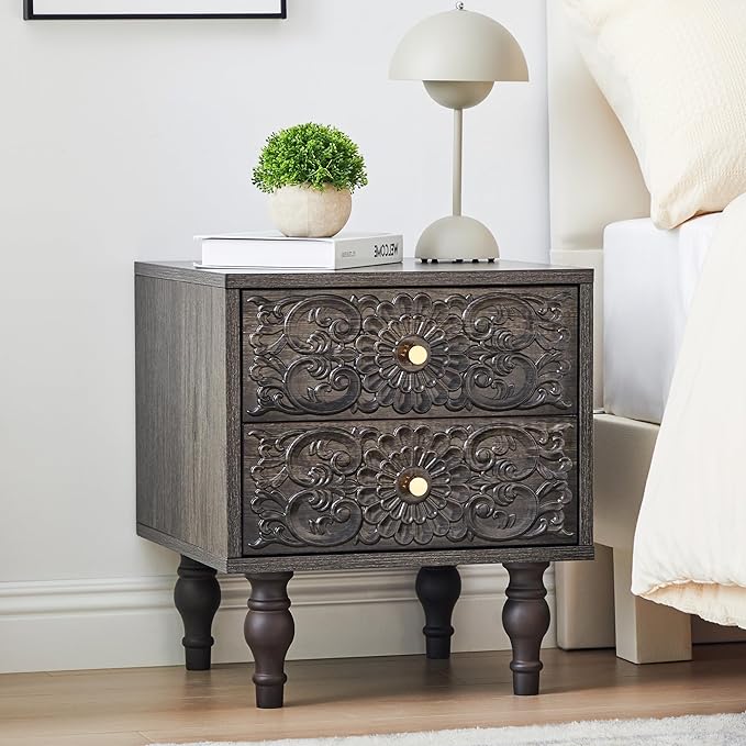Nightstand, Farmhouse Bedside Table with 2 Drawers and Metal Handles, Wood Sofa Side Table End Table Accent Dresser for Bedroom, Living Room (Grey)