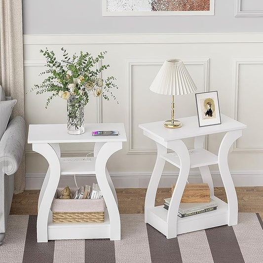 End Table with Charging Station, Side Table with USB Ports and Outlets, 3 Tier Nightstand Sofa Table for Small Spaces, Beside Table with Storage Shelf for Living Room, Bedroom