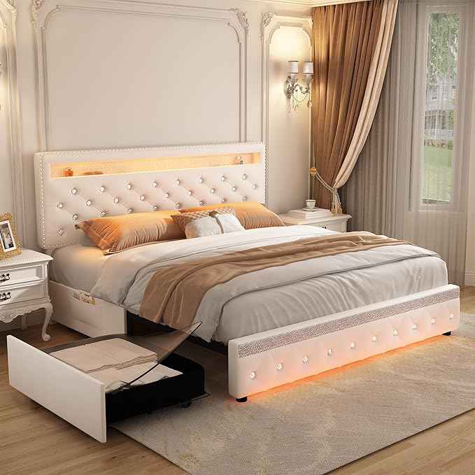 Queen Led Bed Frame with 2 Drawers, Modern Sturdy Adjustable Upholstered Crystal Button Tufted Headboard Platform Bedframe with Storage, No Box Spring Needed, Noise-Free, Easy Assembly, Velvet Cream