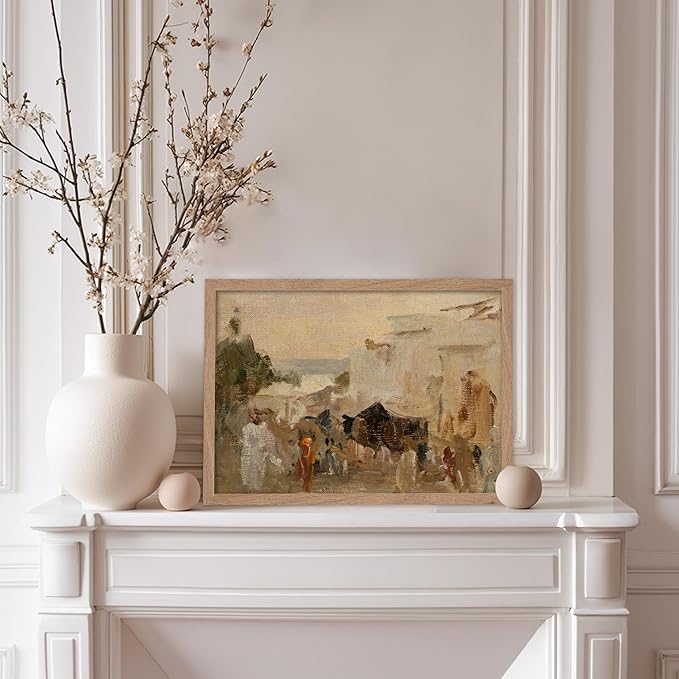 Poster Master Vintage The Bazaar Painting Poster - Retro Street in Udaipur Print - India Art - Cityscape Art - Farmhouse Art - Abstract Art - Office or Living Room Wall Decor, 11x14 Beige Framed