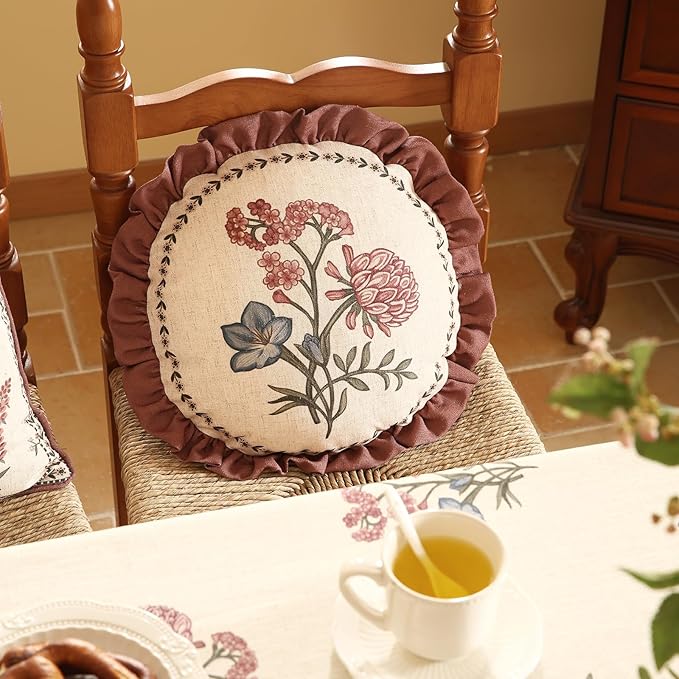 Design Linen Vintage Throw Pillow Covers Diameter 16", Round Cushion Covers with Blue Pink Flowers Green Leaves Pattern Decoration Pillowcases for Bed,Living Room,Outdoor,Car