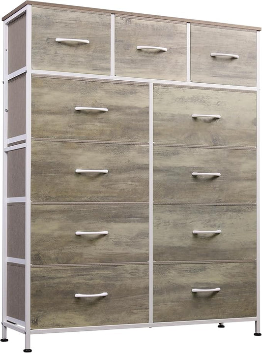 WLIVE Storage Organizer Unit with 11 Fabric Bins, Storage Drawers Organizer with Steel Frame, Tall Storage Tower Organizaton for Living Room, Hallway, Office, Greige