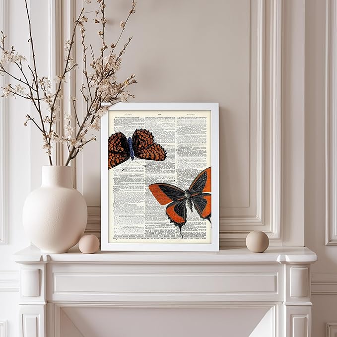 Poster Master Dictionary Art Poster - Butterflies Print - Moth Art - Butterfly Art - Insect Art - Gift for Men, Women & Animal Lover - Chic Decor for Living Room or Bedroom, 8x10 White Framed
