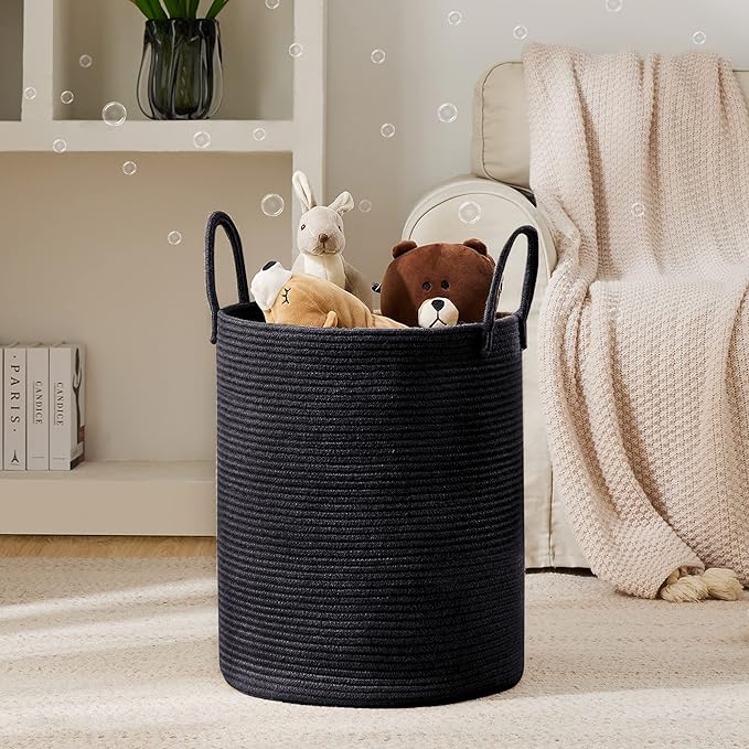 Woven Rope Laundry Hamper Basket, 58L Tall Laundry Basket, Baby Nursery Hamper for Blanket Storage in Bedroom-Large- Black