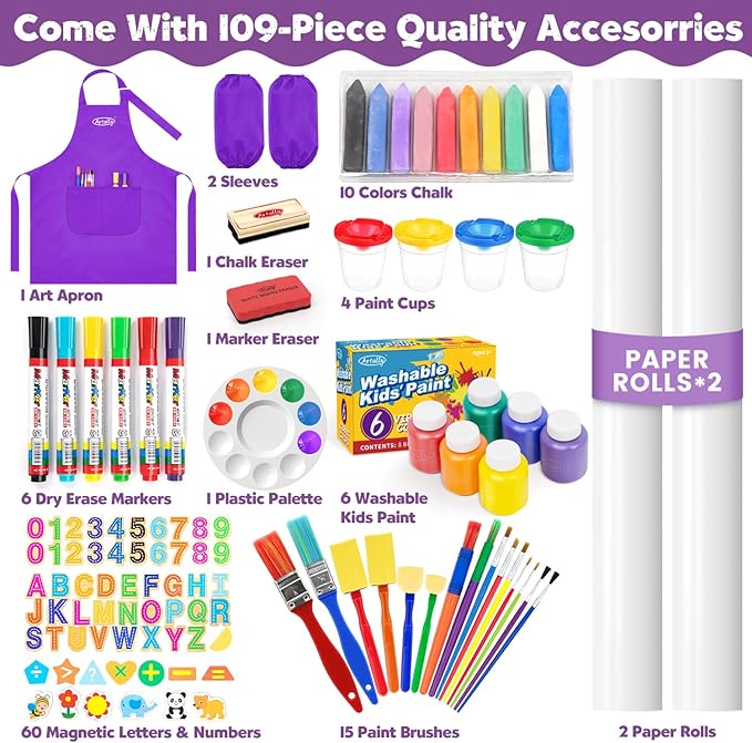 Easel for Kids, Adjustable Standing Art Easel with Magnetic Chalkboard & Whiteboard, Dry-Erase Board, Paper Roll, Drawing & Painting Easel for Kids Ages 3 4-8 9-12, Purple w/Bag