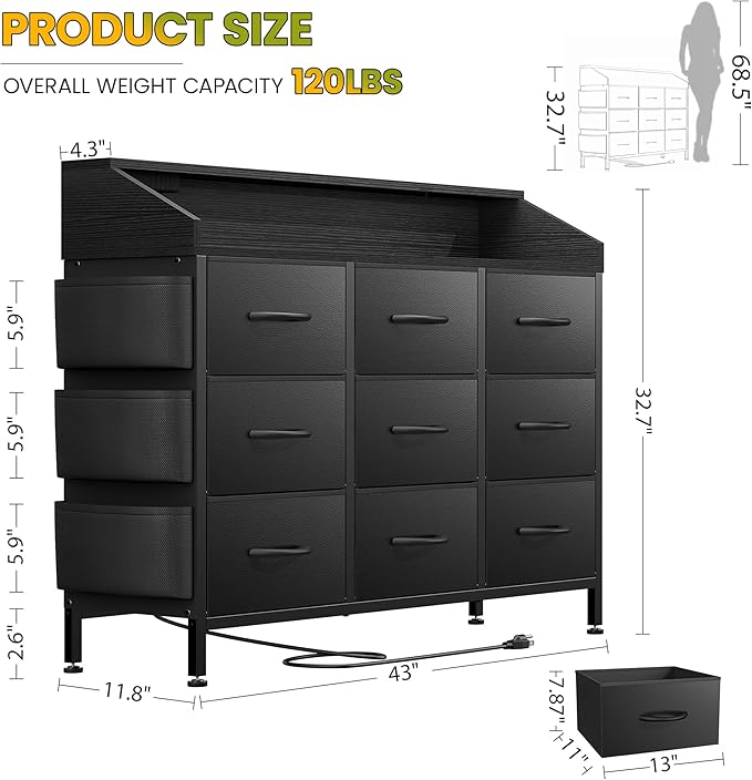 Black TV Stand Dresser for Bedroom 9 Drawers - Fabric Dresser Chest of Drawers for Living Room Hallway Closet (Black PU)