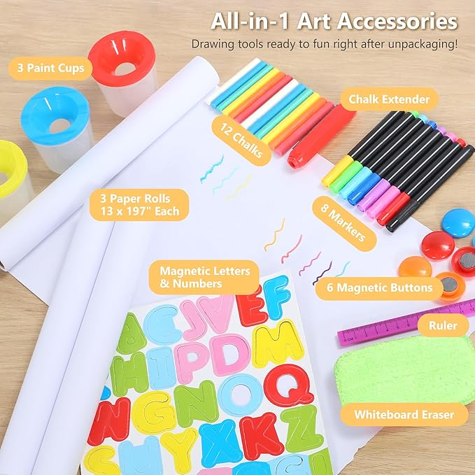 Kinder King Wooden Kids Easel, 3 in 1 Adjustable Art Easel for Kids, Double-Sided Magnetic Whiteboard & Chalkboard, Paper Roller, Art Supplies, Coloring Drawing Easel Toddler Gift Ages 3+, Grey