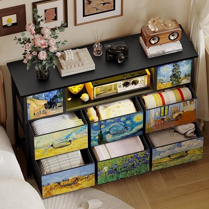 Fixwal Dresser for Kid Bedroom with Power Outlets and LED Lights, Van Gogh Black Dresser 55" TV Stand with 8 Drawers, Fabric Chest of Drawers for Closet Nursery Art Furniture