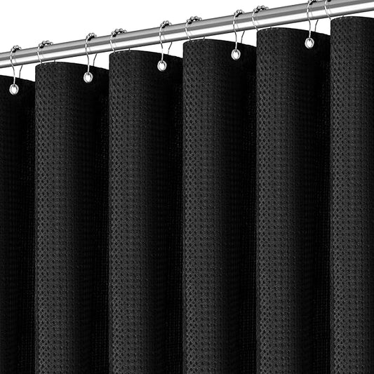 Black Fabric Shower Curtain for Bathroom Stall, 60 inch Waffle Weave Machine Washable Waterproof 256GSM Heavy Duty Weighted Bath Curtain Set with 10 Metal Hooks, 60Wx72H